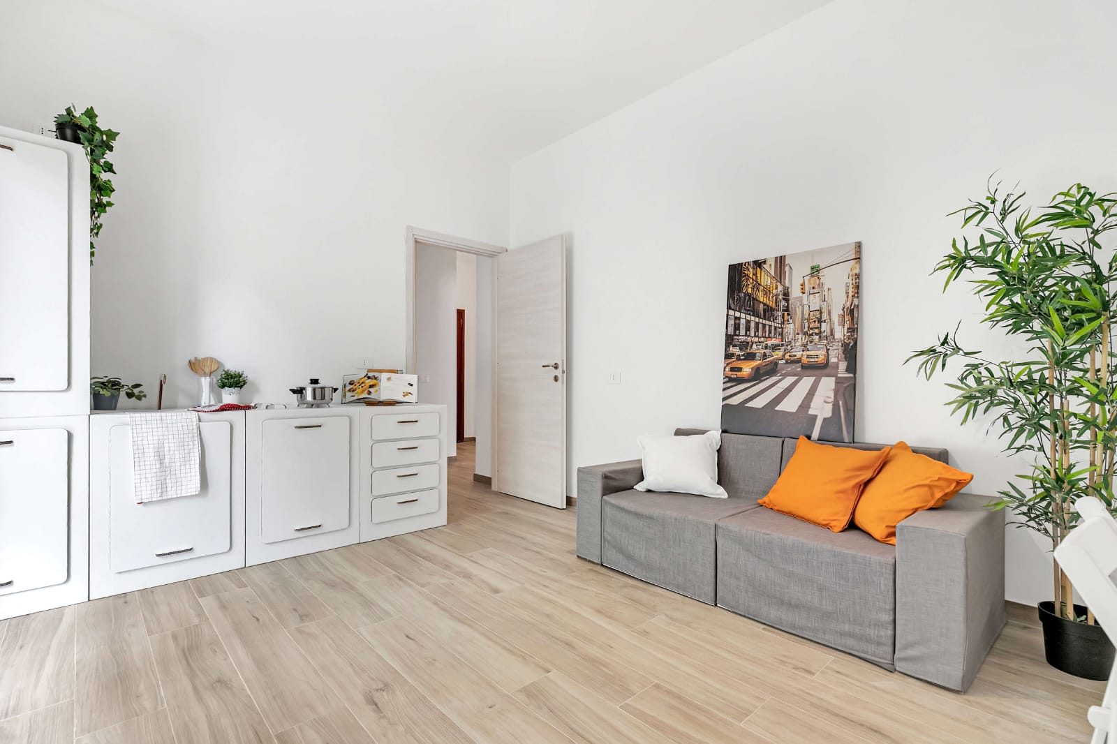Locale unico con cucina bianca a sinistra, divano grigio, quadro su tela e porta interna chiara